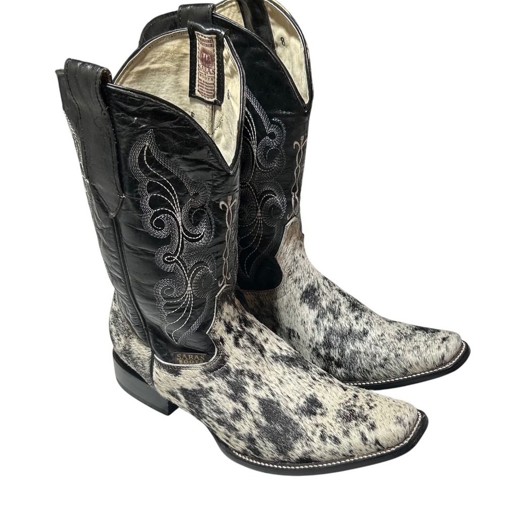 Sabas Boots Mens 10 USA Black White Cowhide Hair on Hide Western Cowboy Mexico